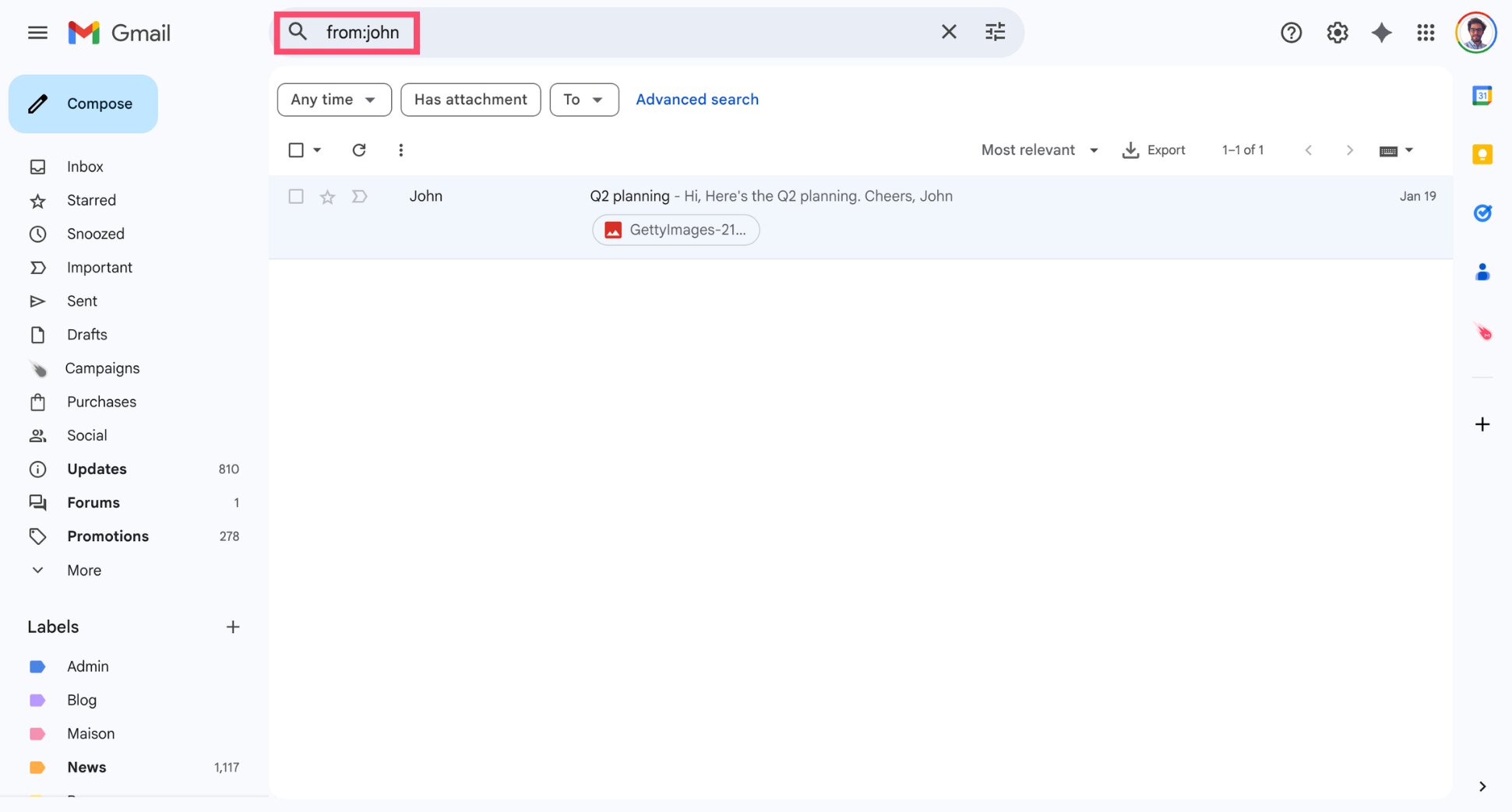 Gmail search operator in the search bar filtering emails by sender