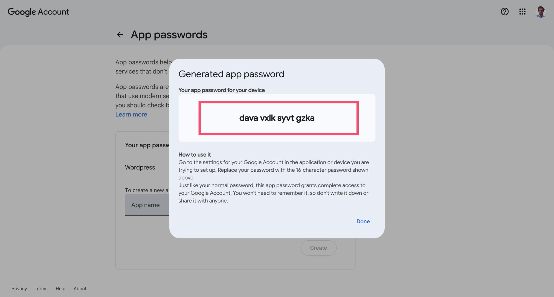 Google pop-up showing a generated 16-character Gmail app password