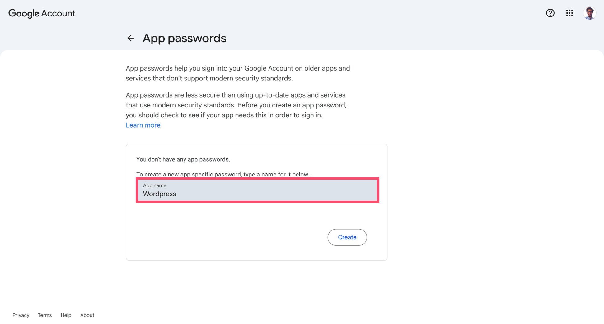 Naming a new app password on the Google Account App passwords page