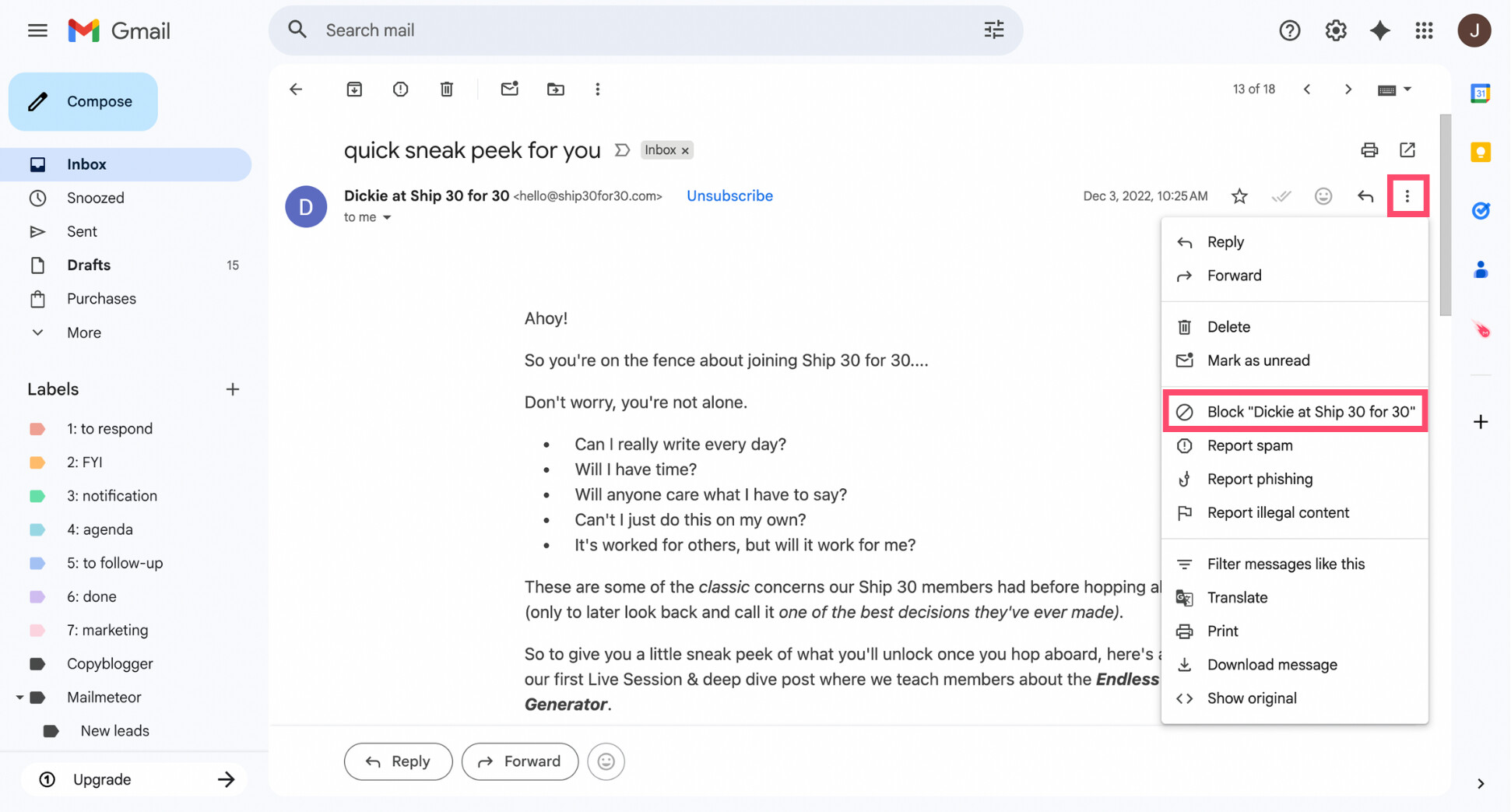 Blocking a sender in Gmail