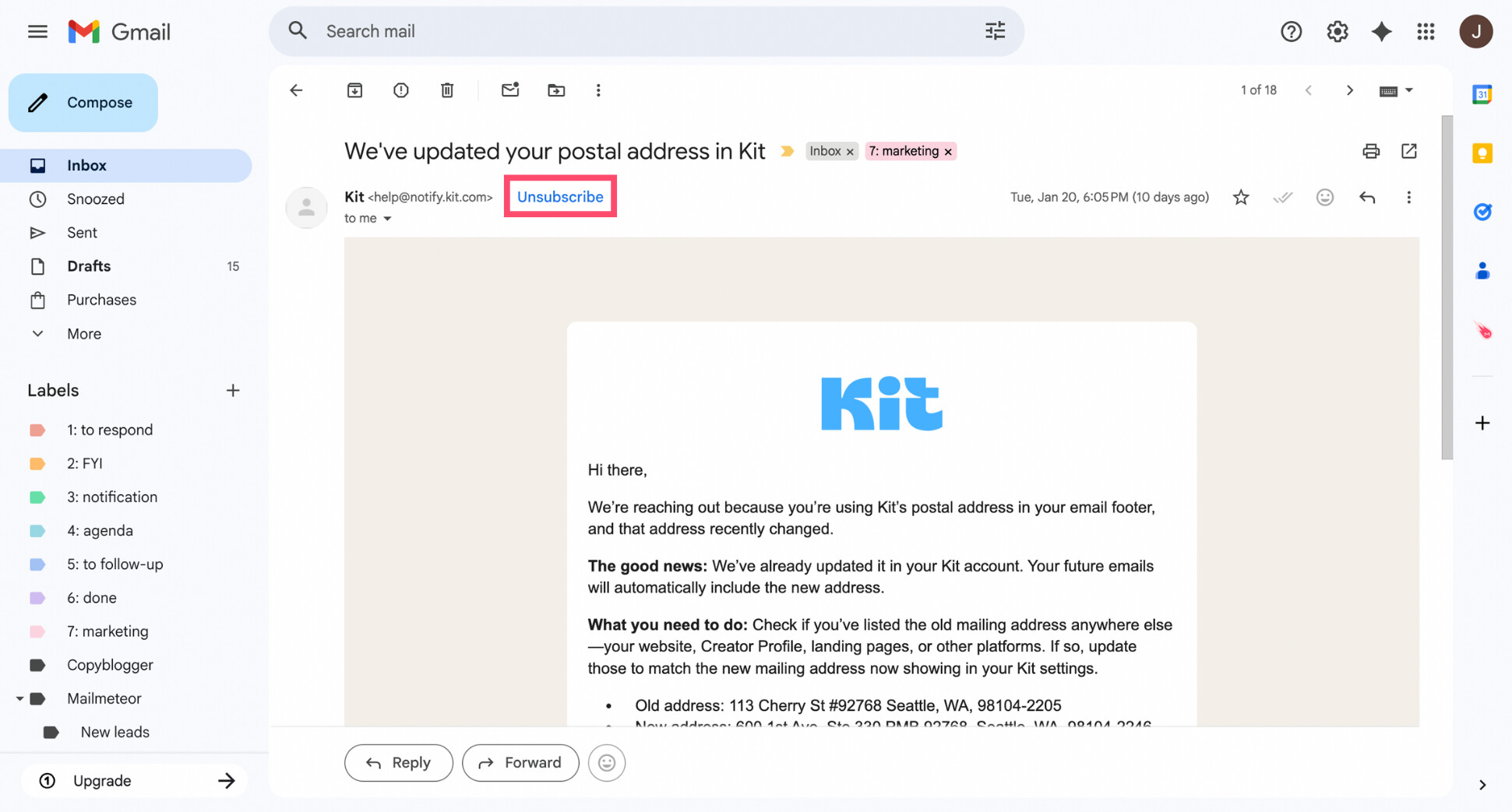 Gmail unsubscribe button