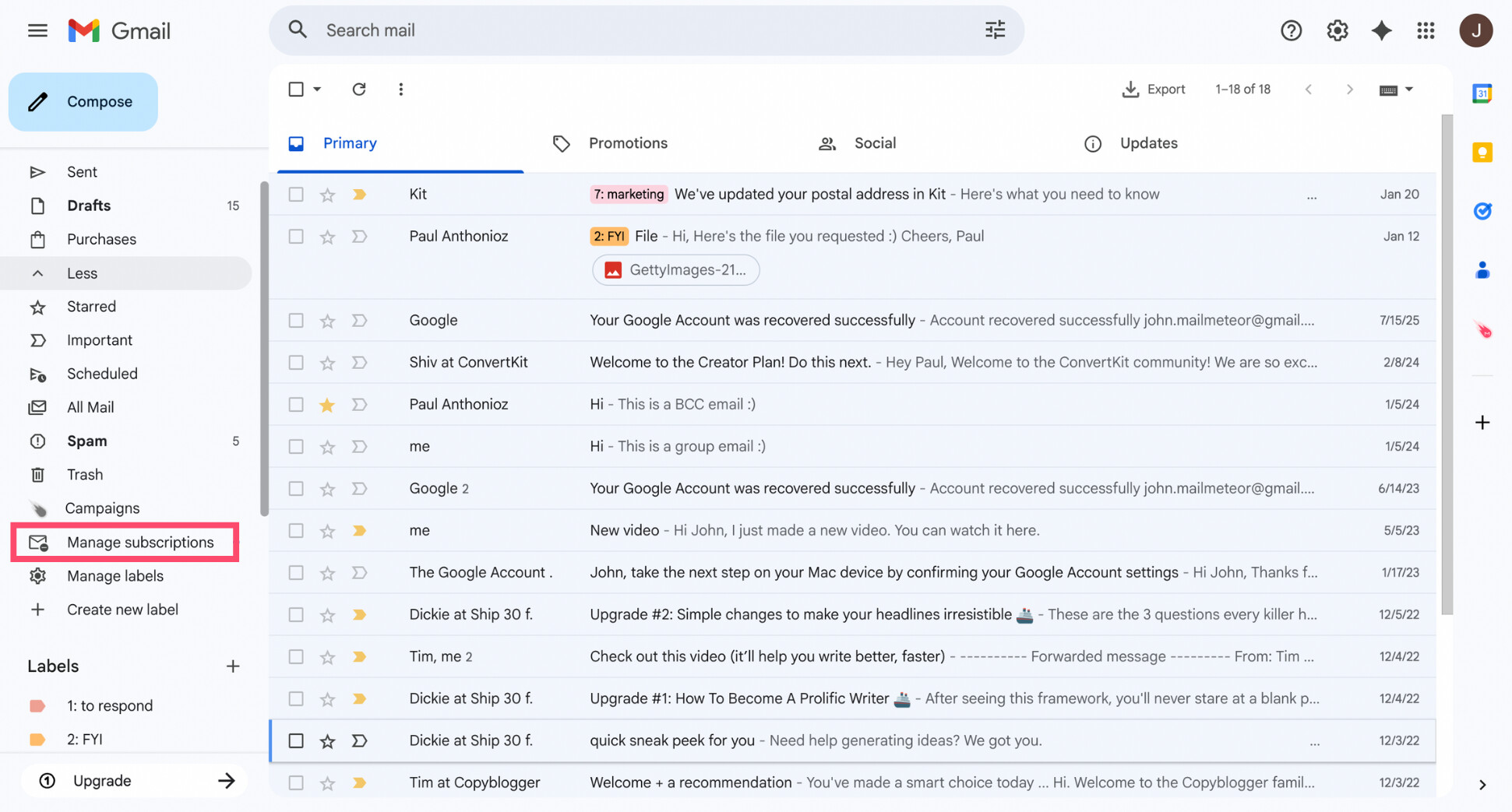 Gmail menu showing the "Manage subscriptions" option
