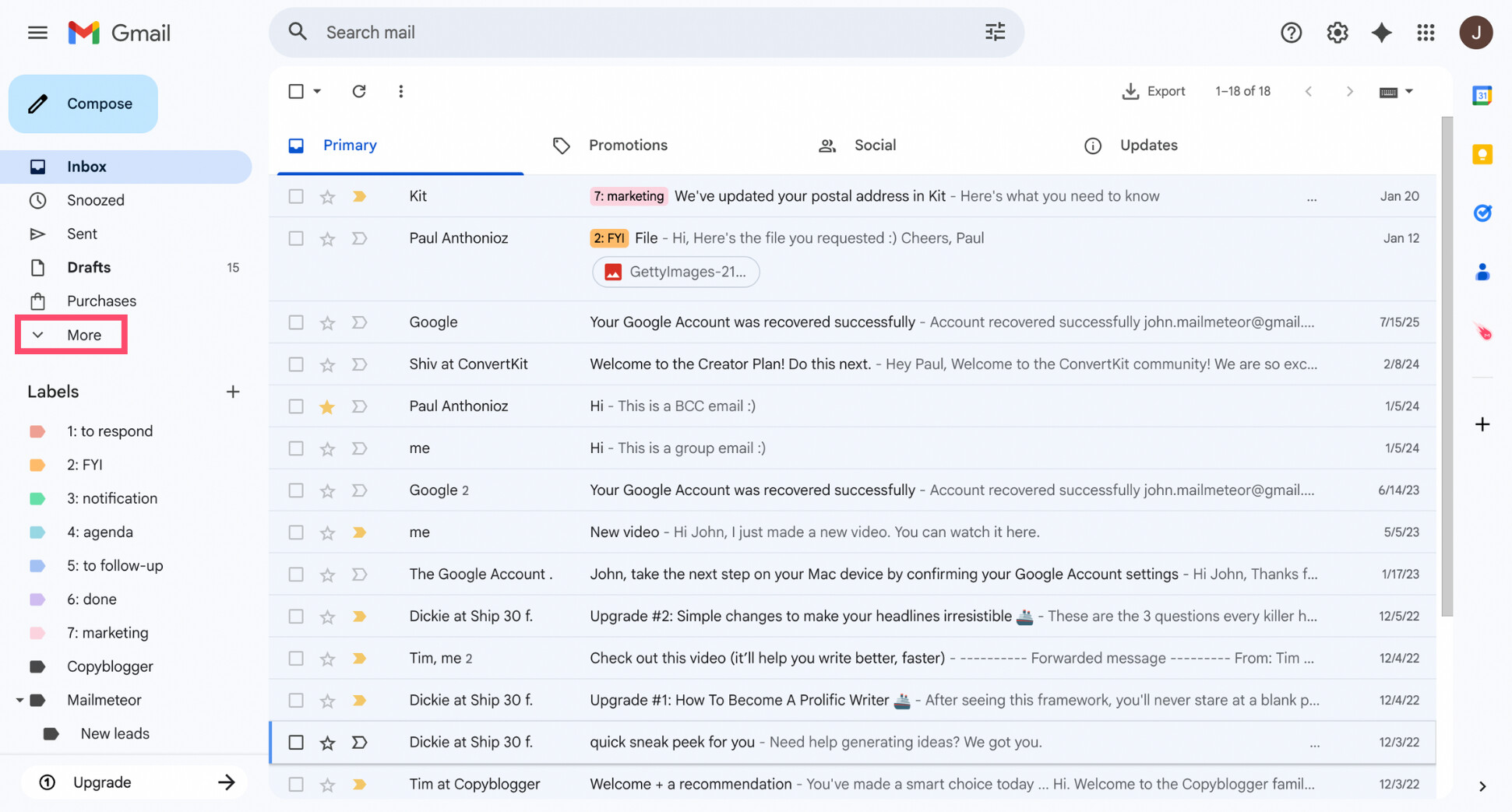 Gmail left sidebar with the "More" option