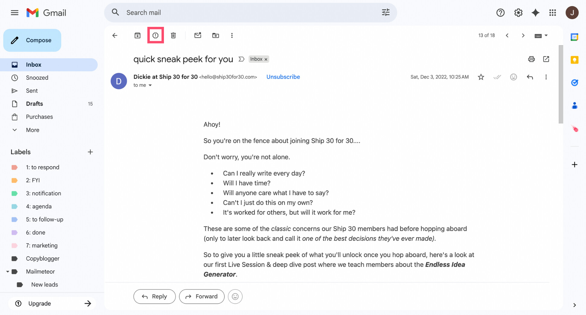 Marking an email as spam in Gmail