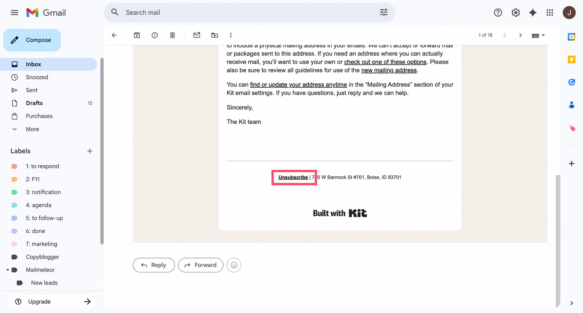 Unsubscribe link at the bottom of a marketing email in Gmail