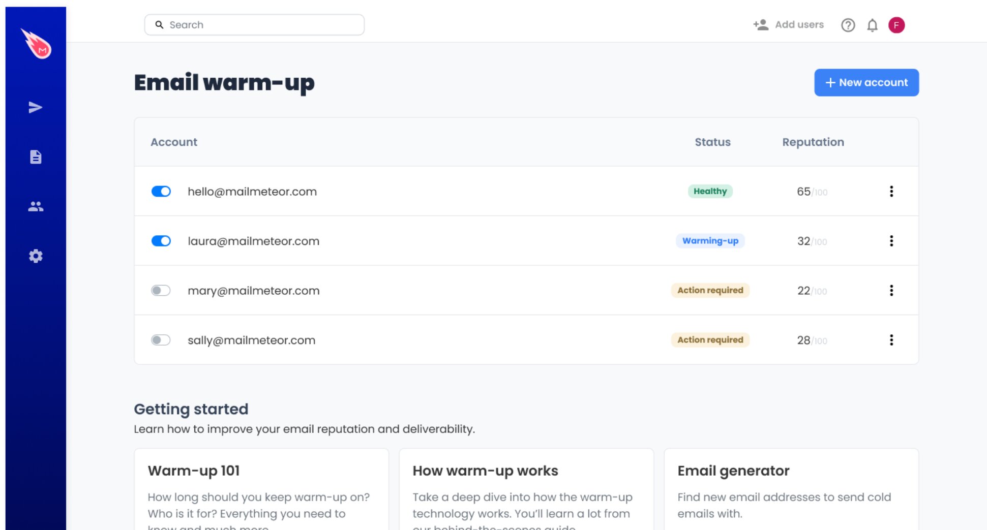 Mailmeteor email warm-up dashboard