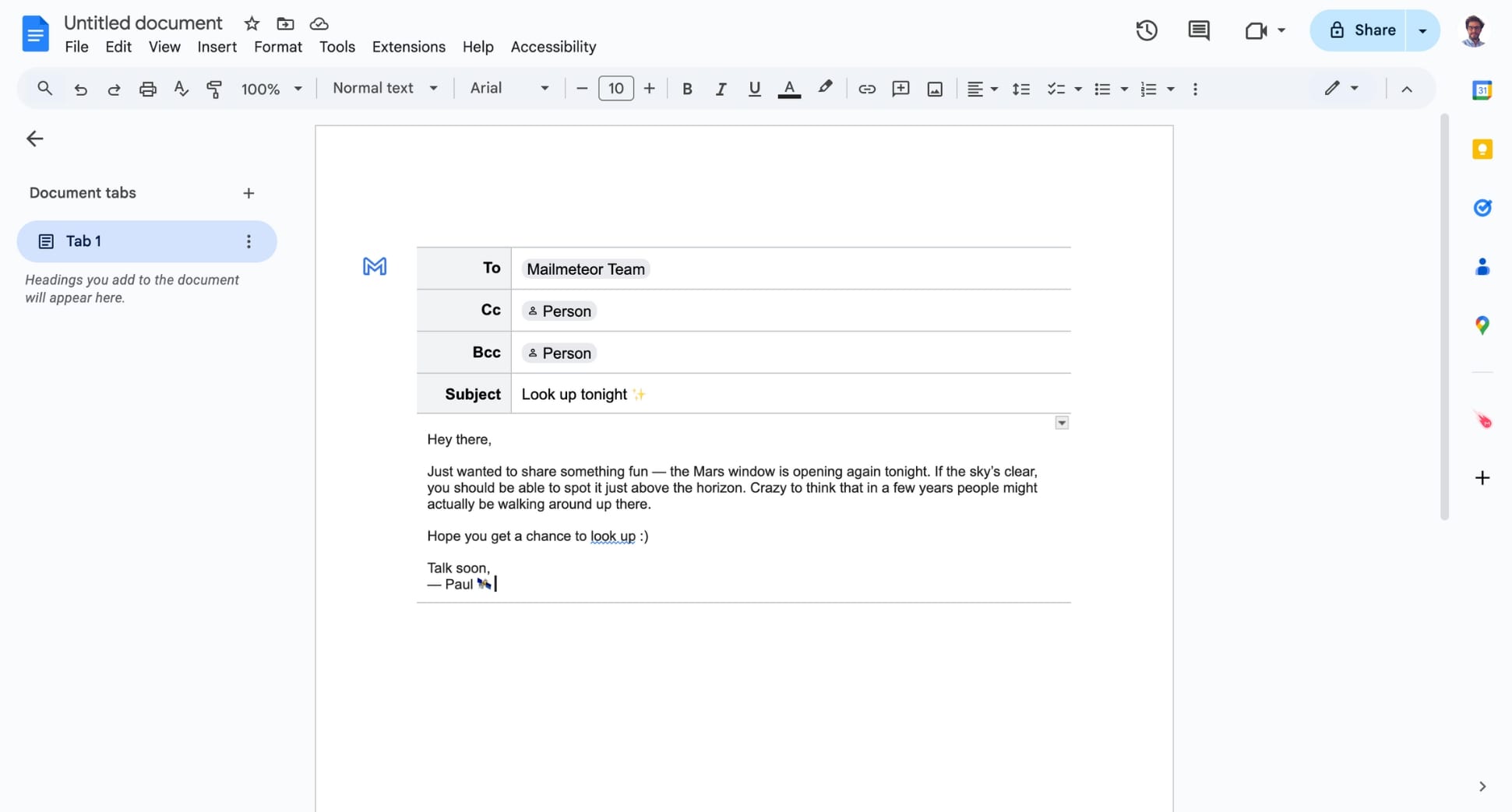 Compose email draft in Google Docs