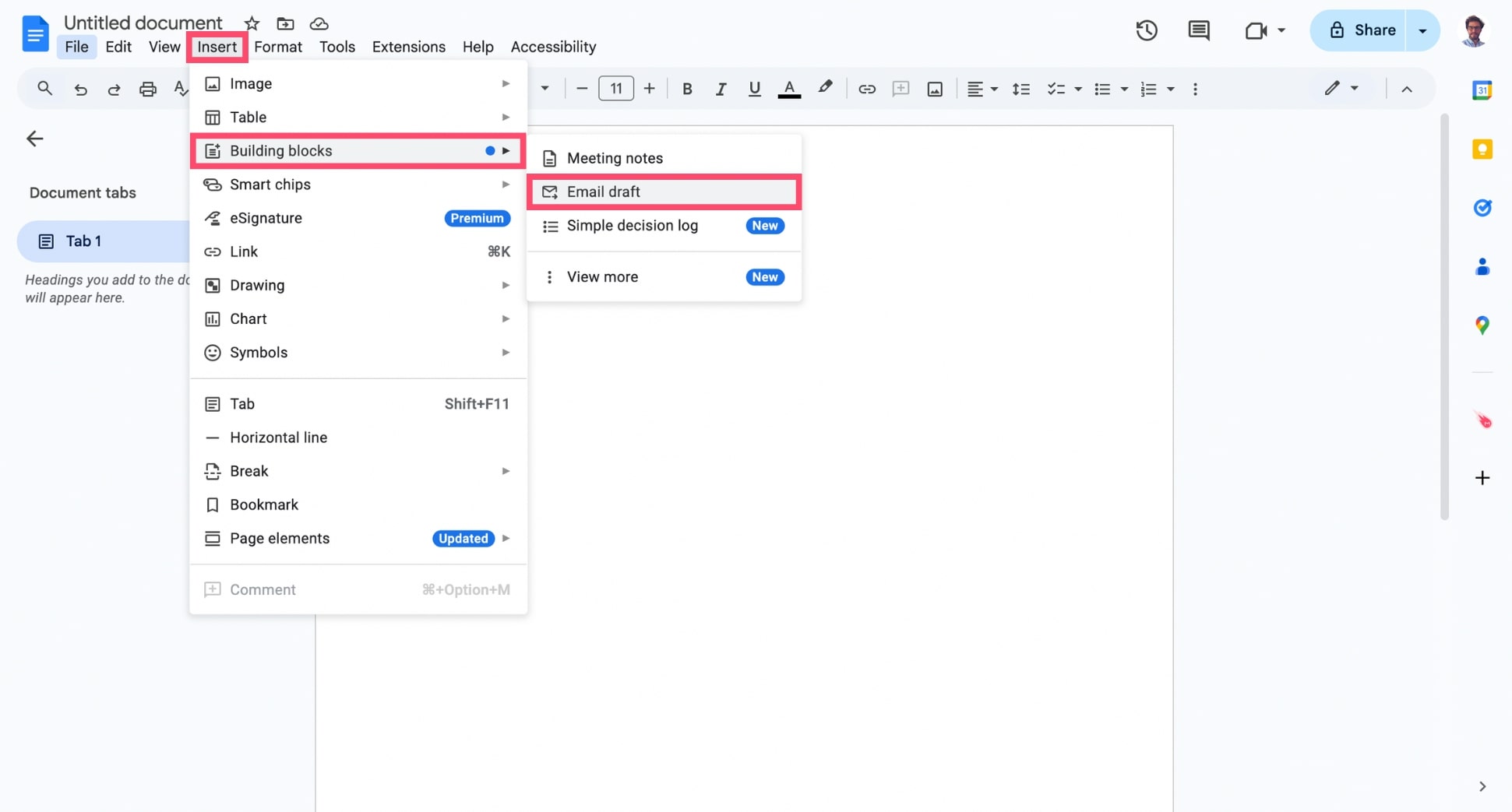 Insert an email draft block in Google Docs