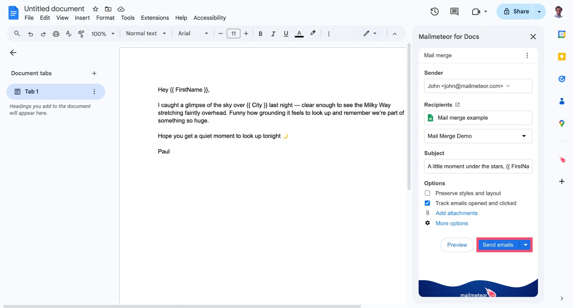 Personalize emails in Google Docs