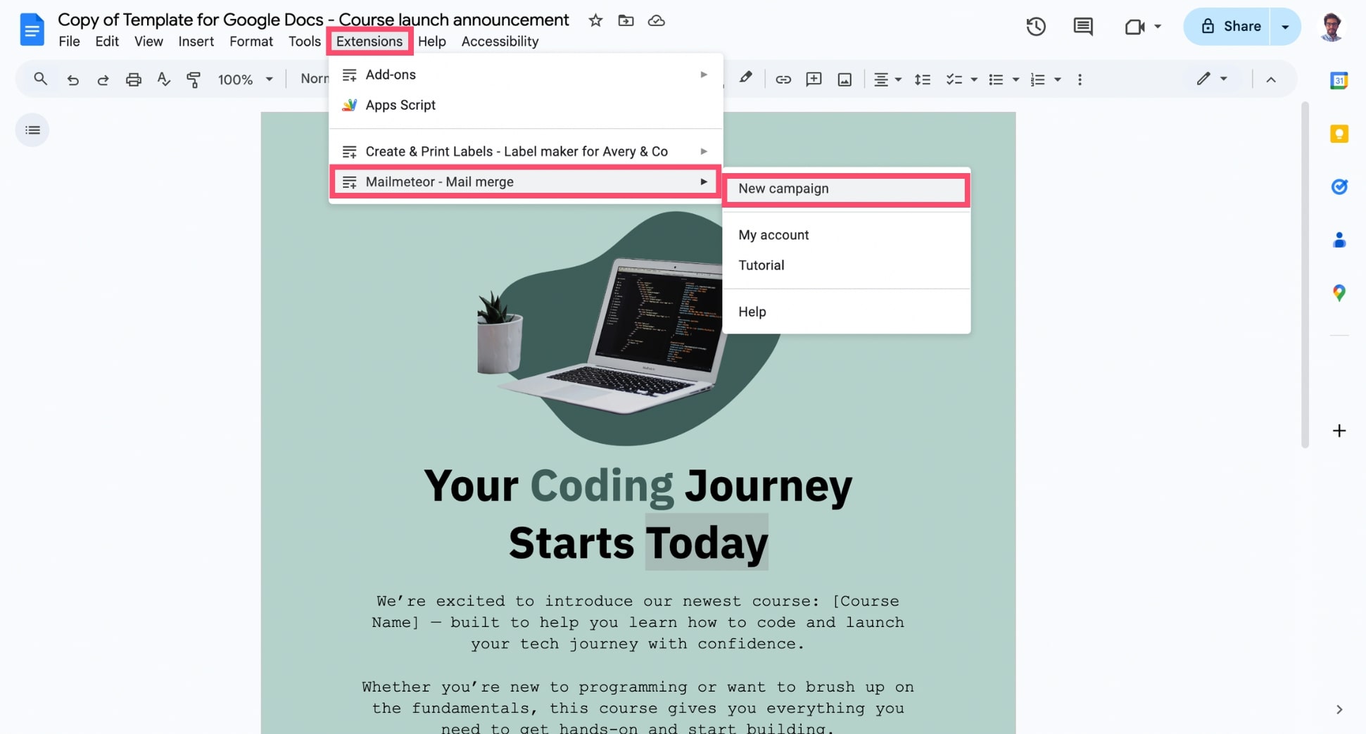 Open Mailmeteor in Google Docs