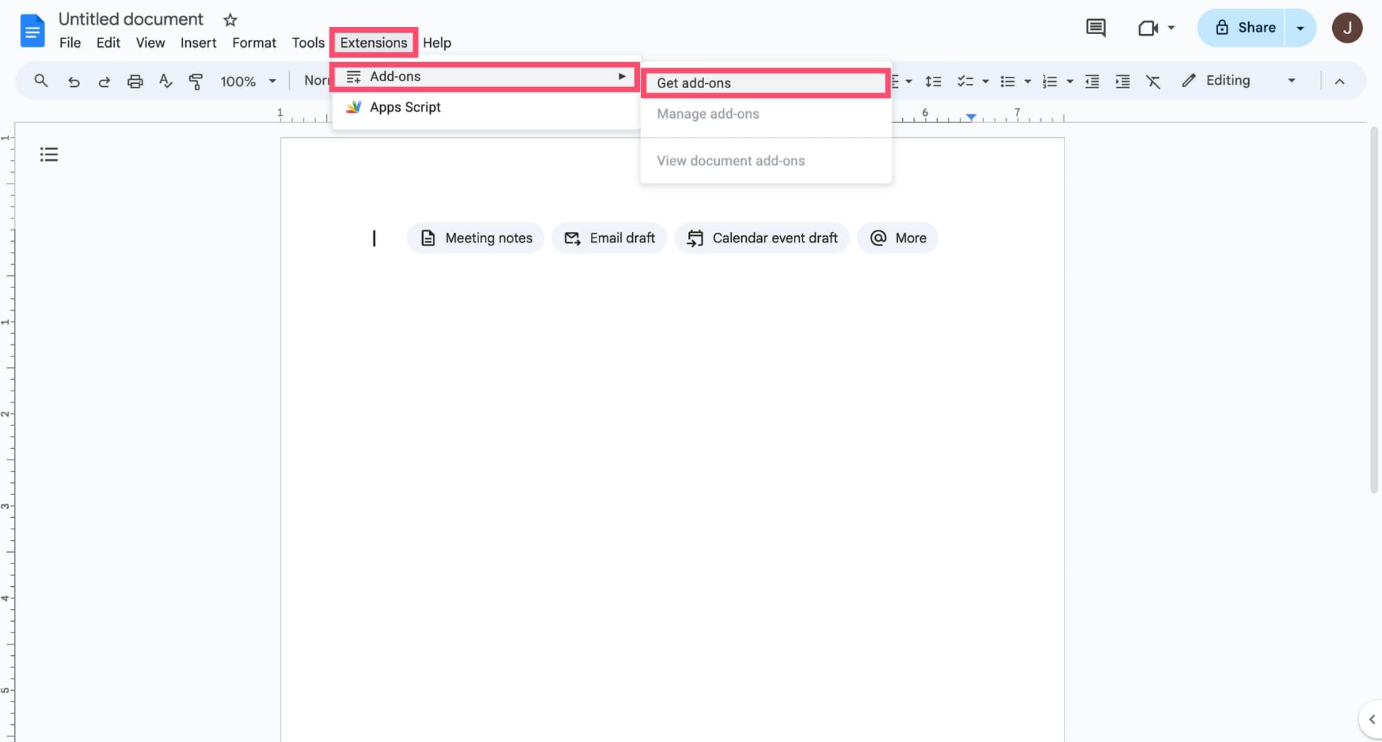 Open the add-on menu in Google Docs