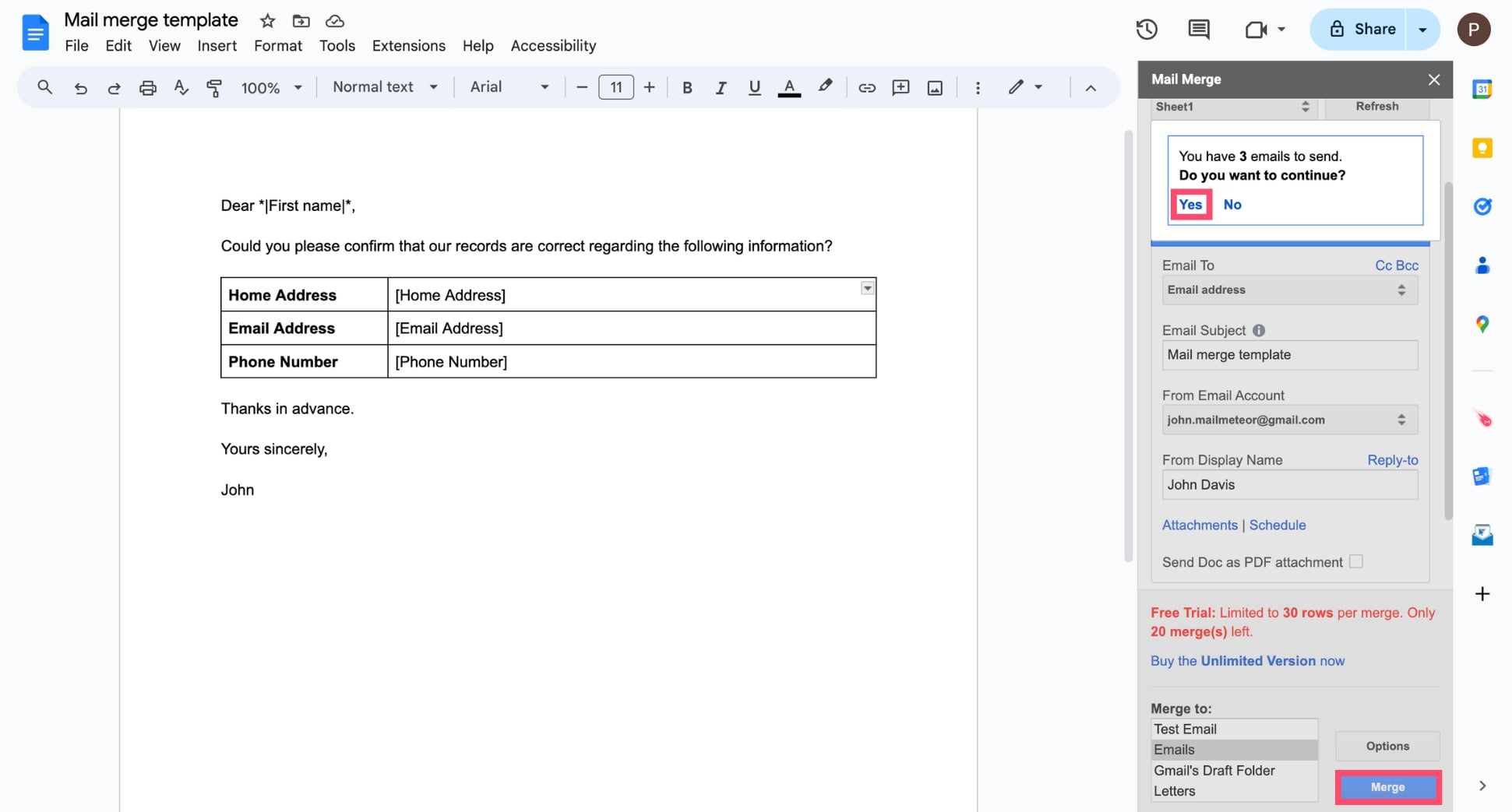 Complete your Google mail merge in Docs