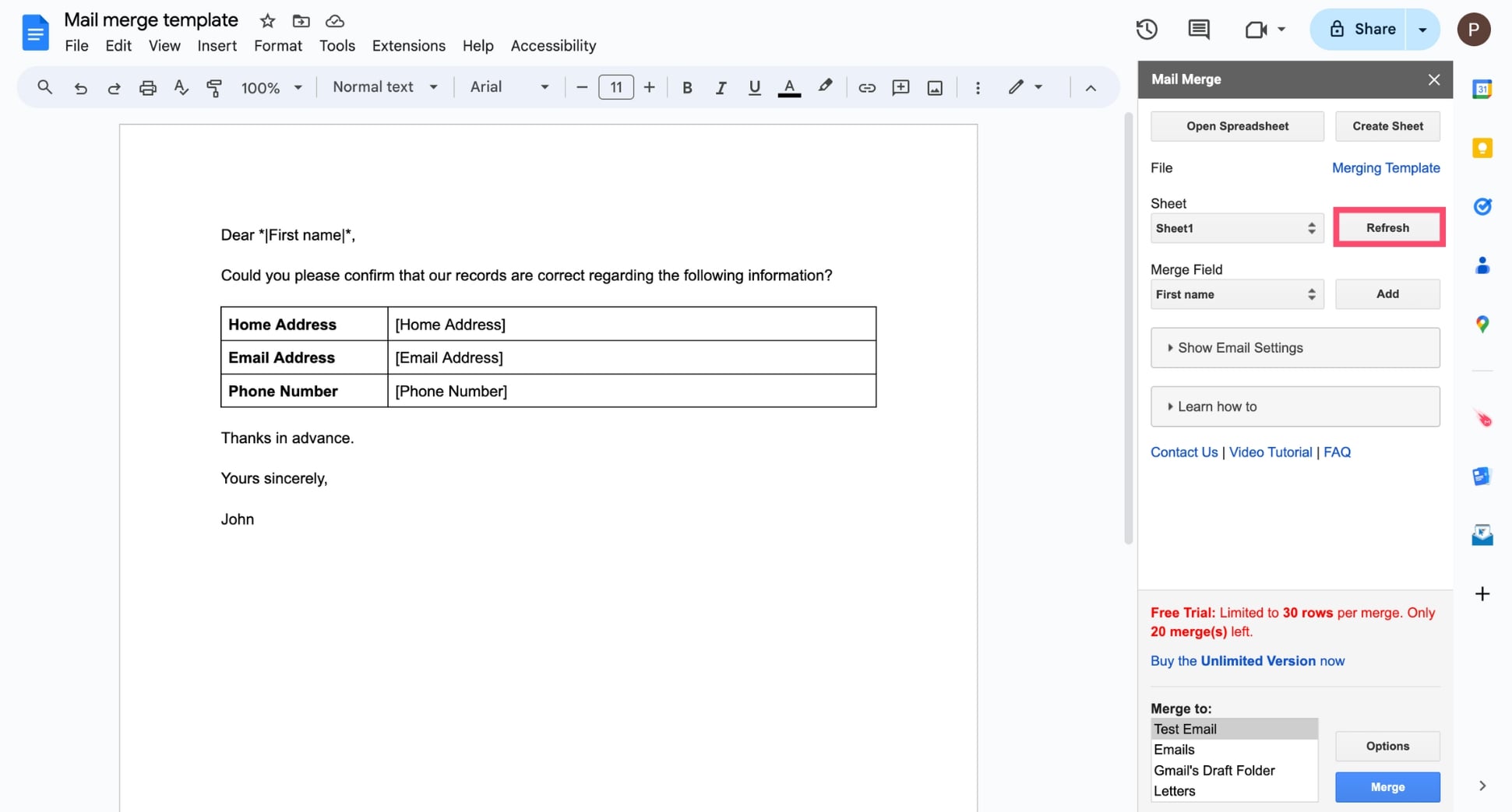 Refresh your Google Docs mail merge