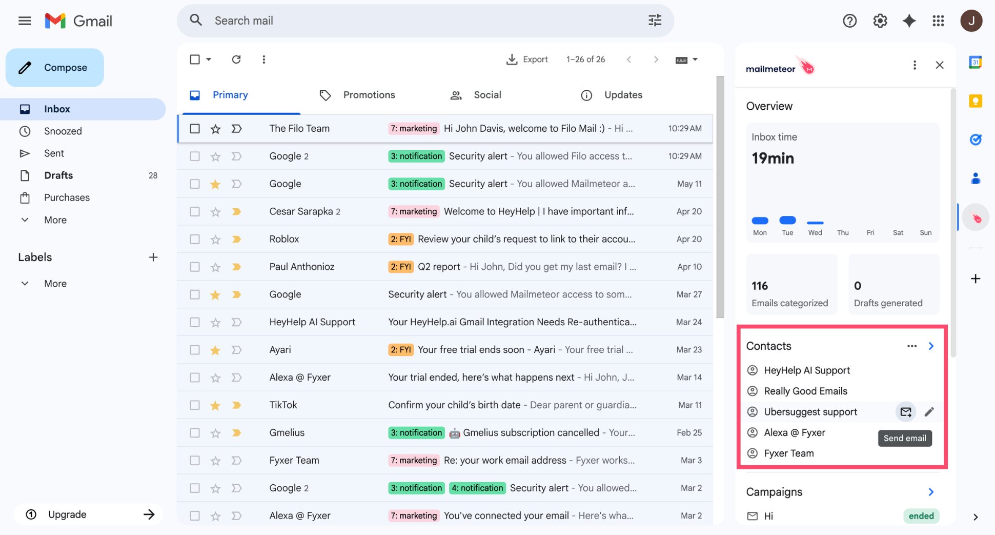 Mailmeteor contacts panel in Gmail sidebar