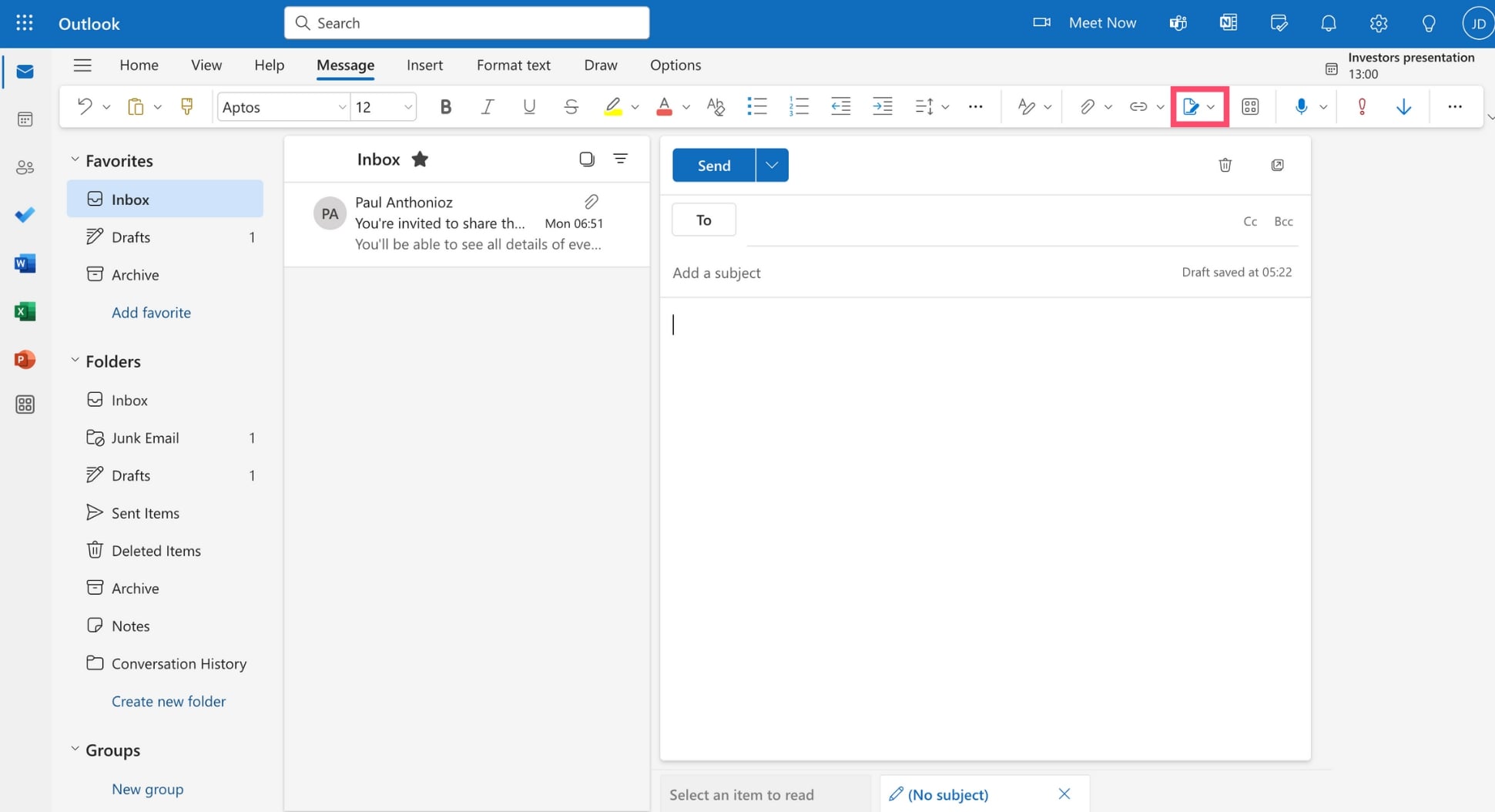 Manually add a signature to your Outlook emails