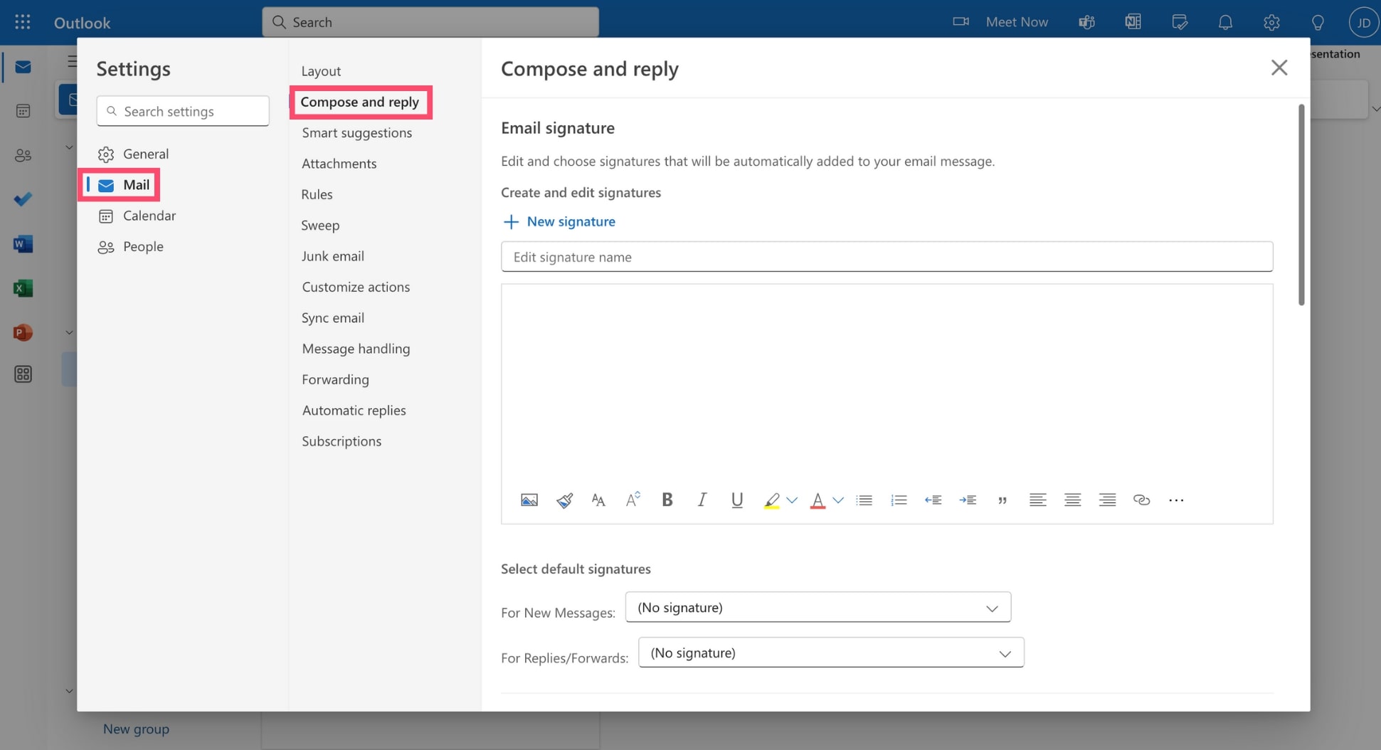 Compose and reply menu in Outlook