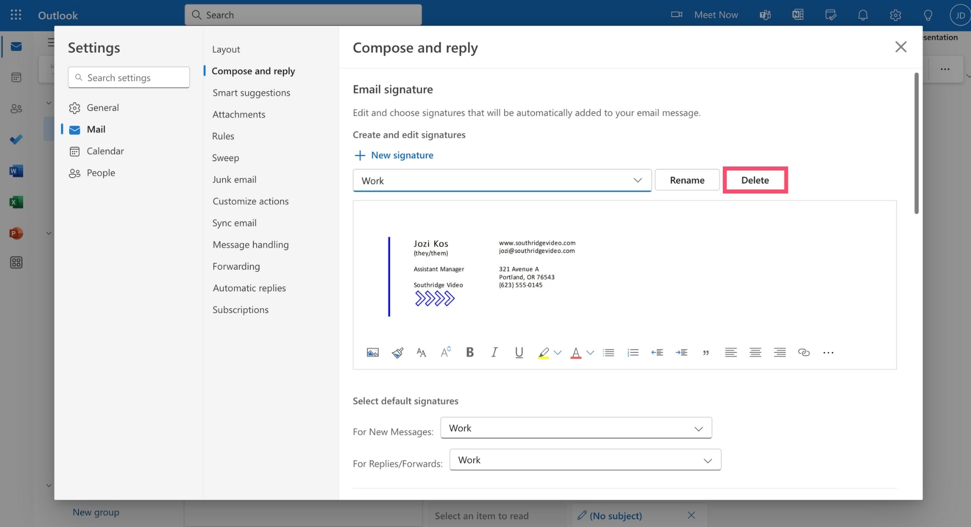 Delete an Outlook signature