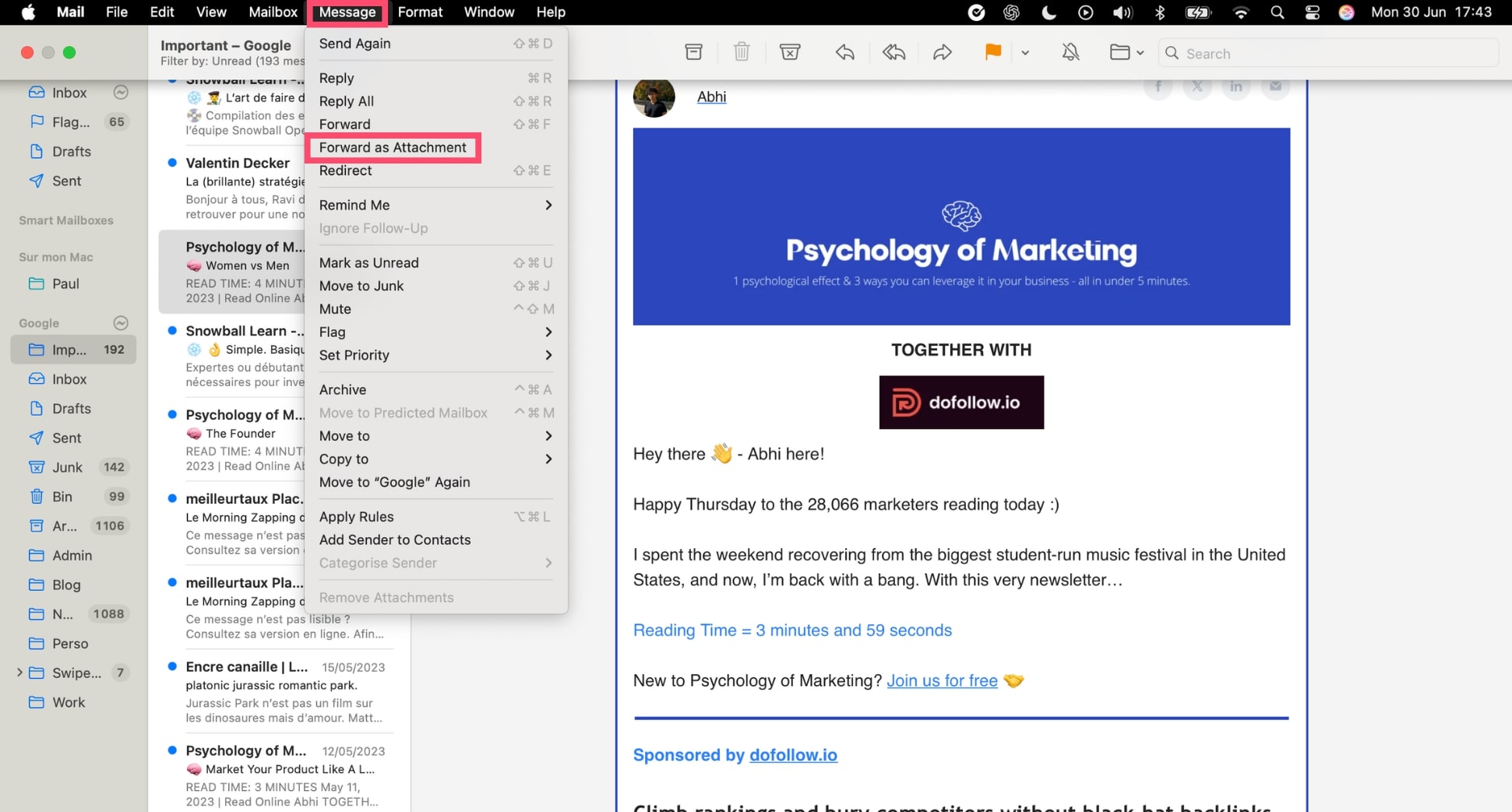 Attach an email to an email in Apple Mail