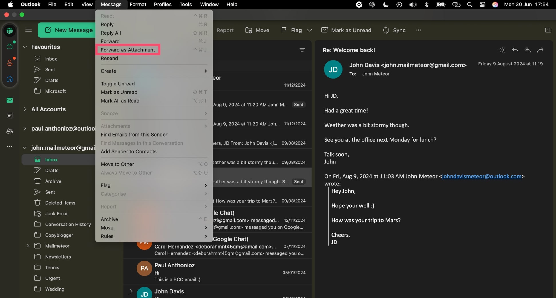 Attach an email to an email in Outlook