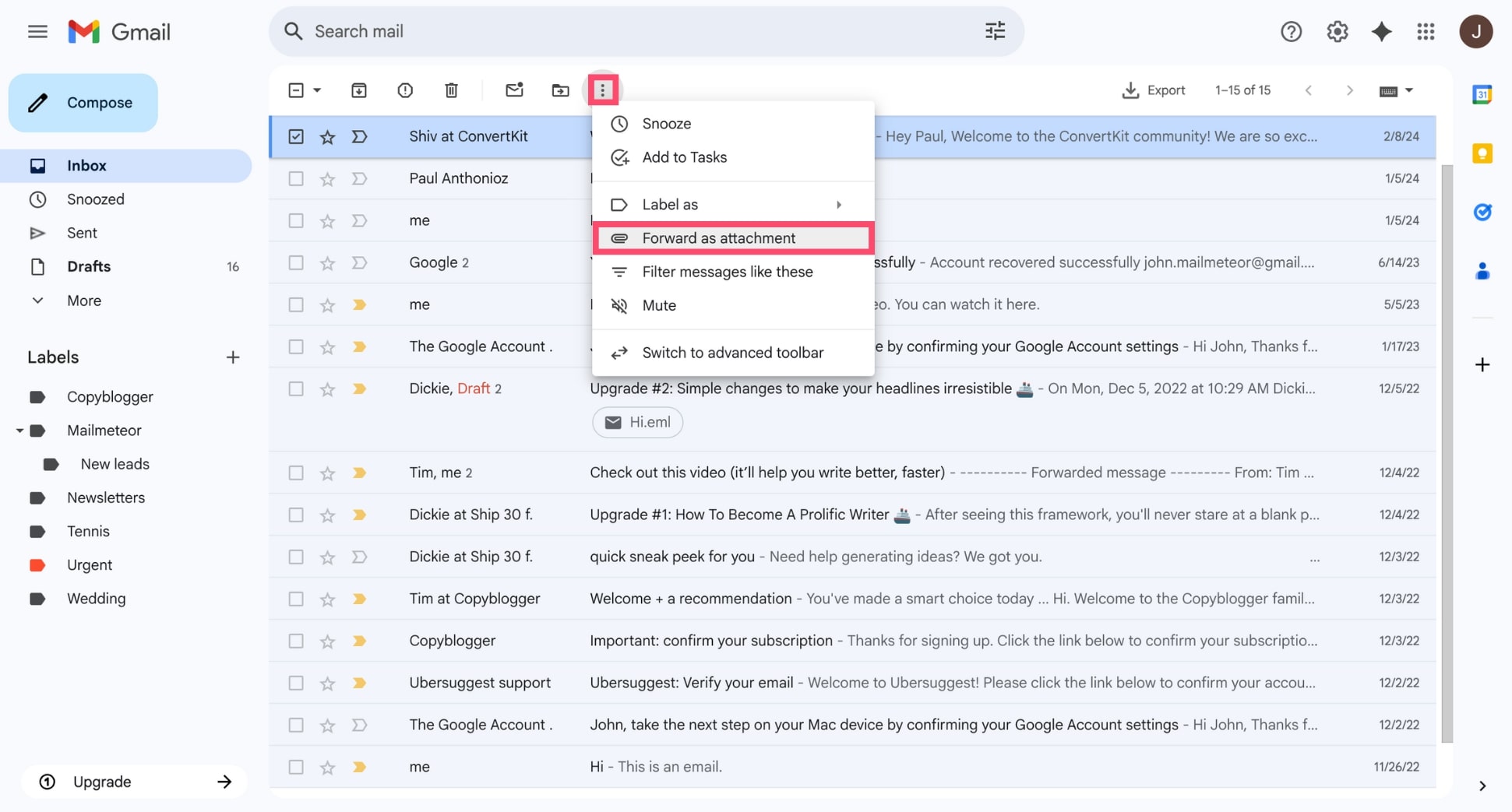 Forward an email as attachment in Gmail