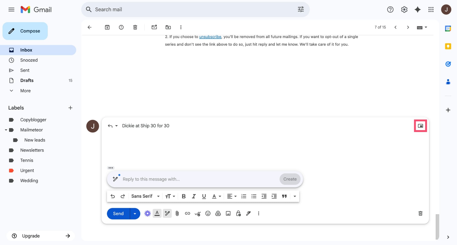 Pop out reply in Gmail