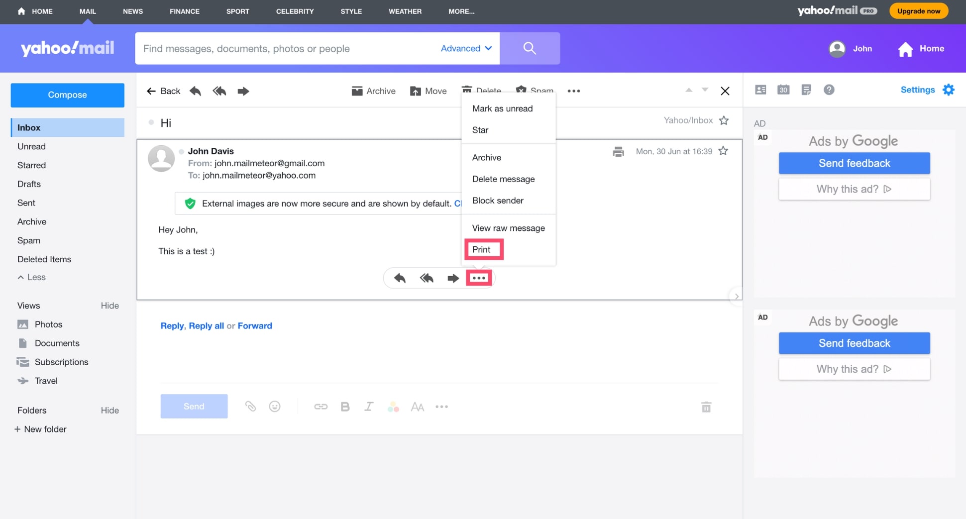 Print email in Yahoo Mail