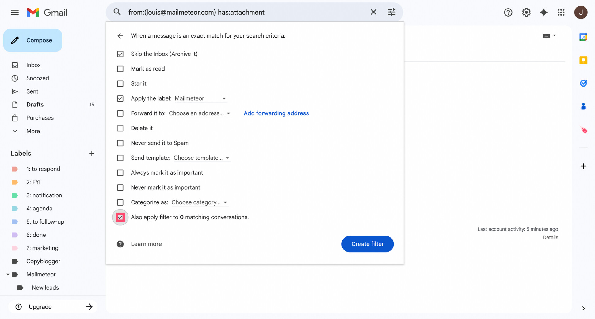 Gmail filter option to apply the rule to existing matching conversations