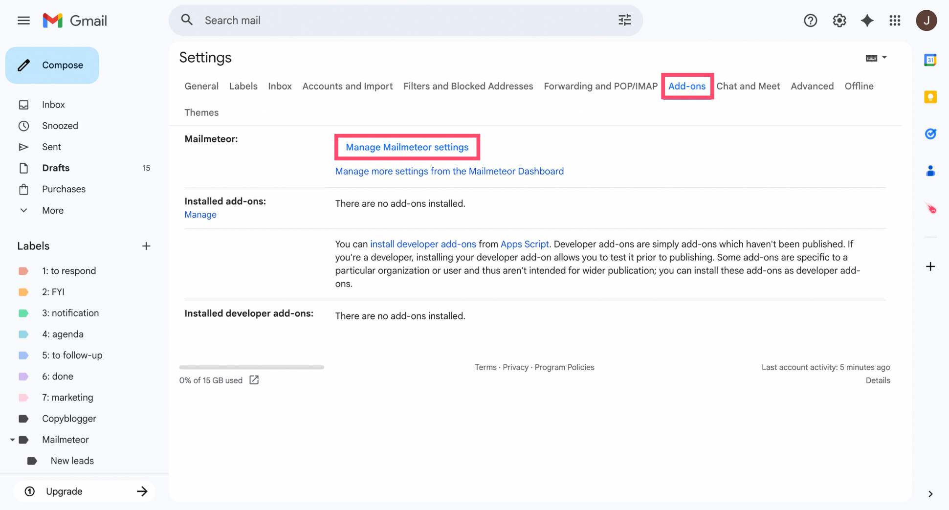 Gmail settings menu showing the Add-ons section with Mailmeteor settings