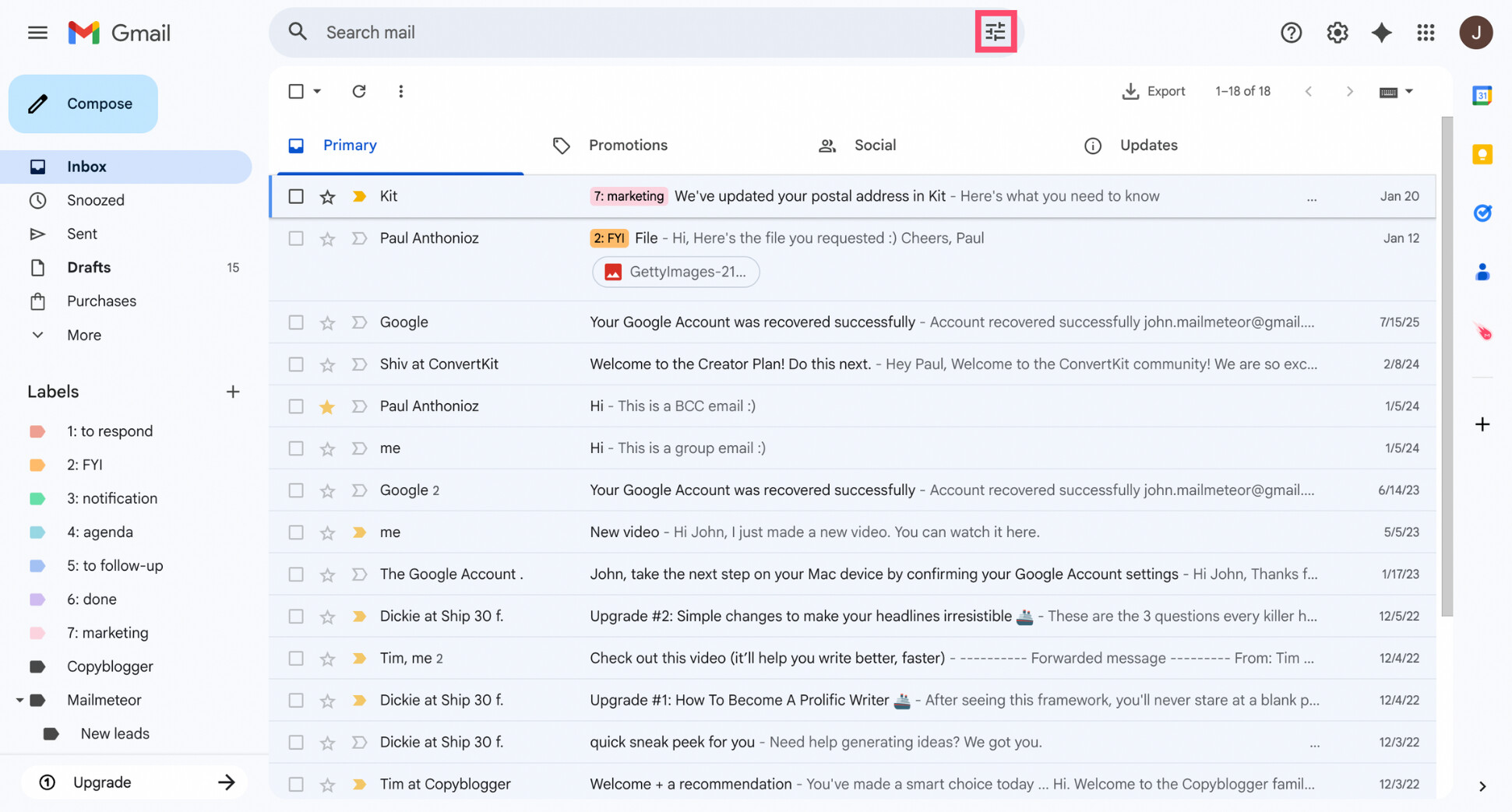 Gmail search bar showing the filter icon to open advanced search options