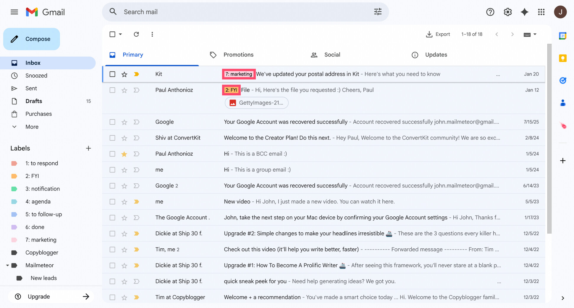 Gmail inbox with AI-applied category labels displayed next to emails