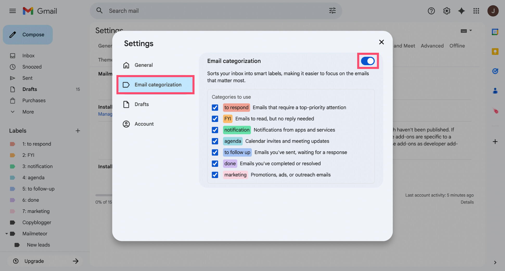 Mailmeteor settings panel with the Email categorization option enabled