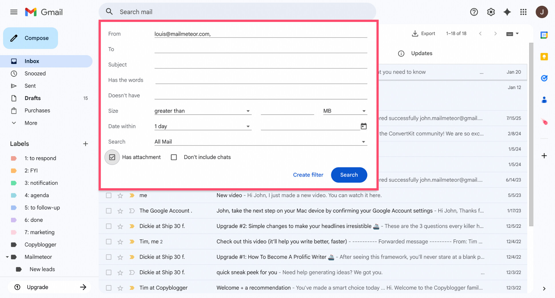 Gmail advanced search panel with filter criteria like sender, subject, and attachments