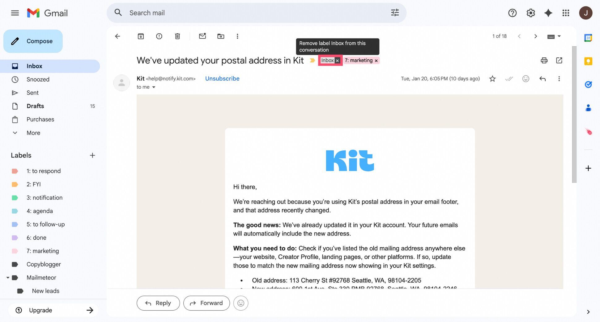 Gmail email view showing the Inbox label with an X to remove it