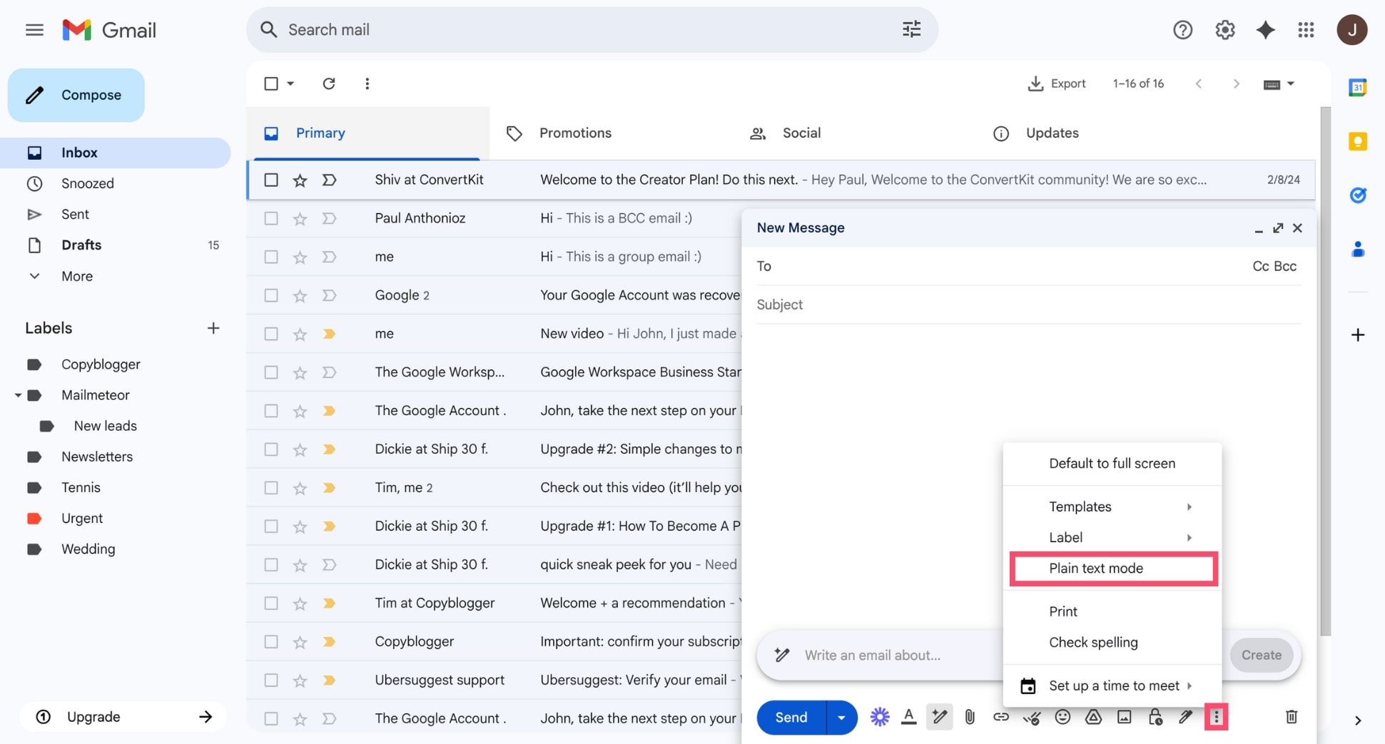 Disable plain text mode in Gmail