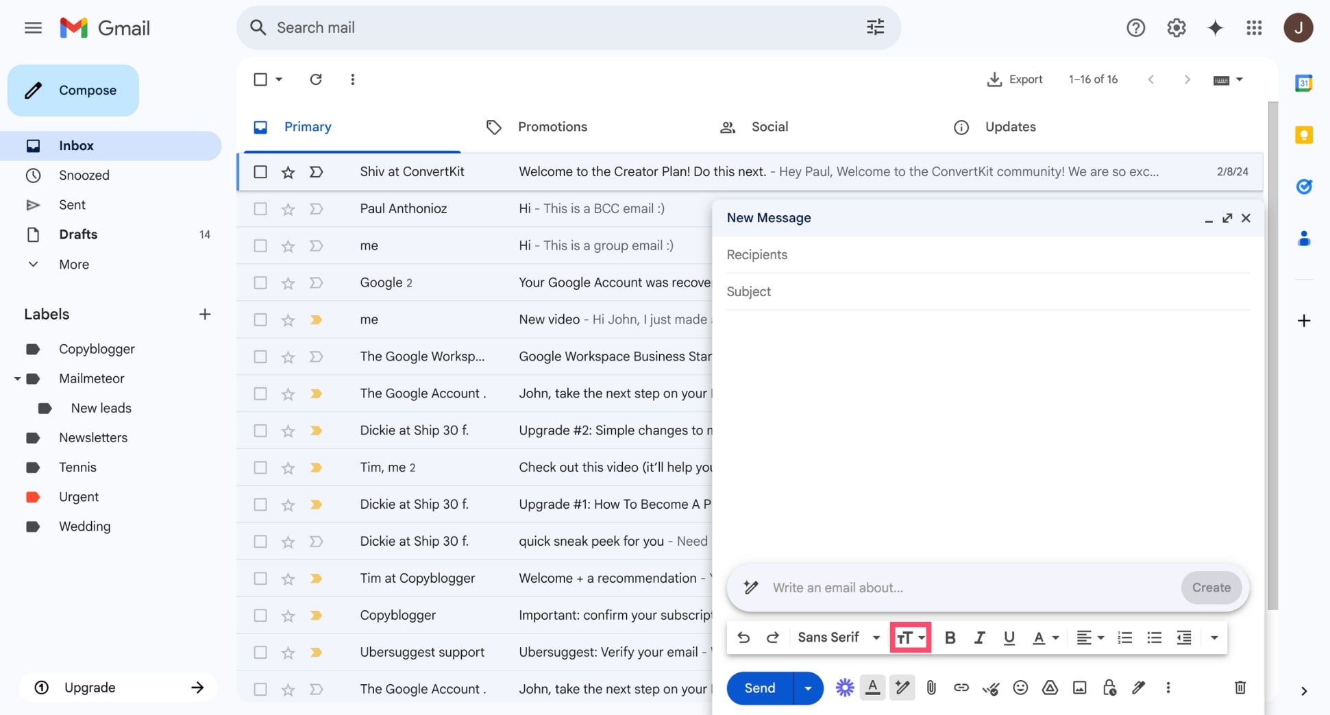 Formatting options in Gmail
