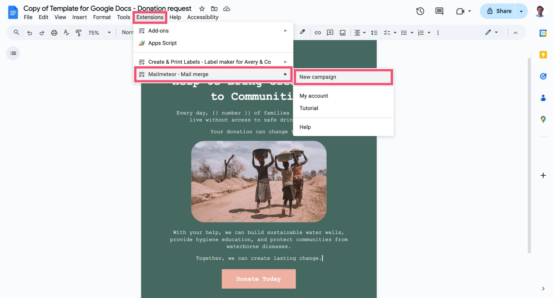 Open Mailmeteor in Google Docs