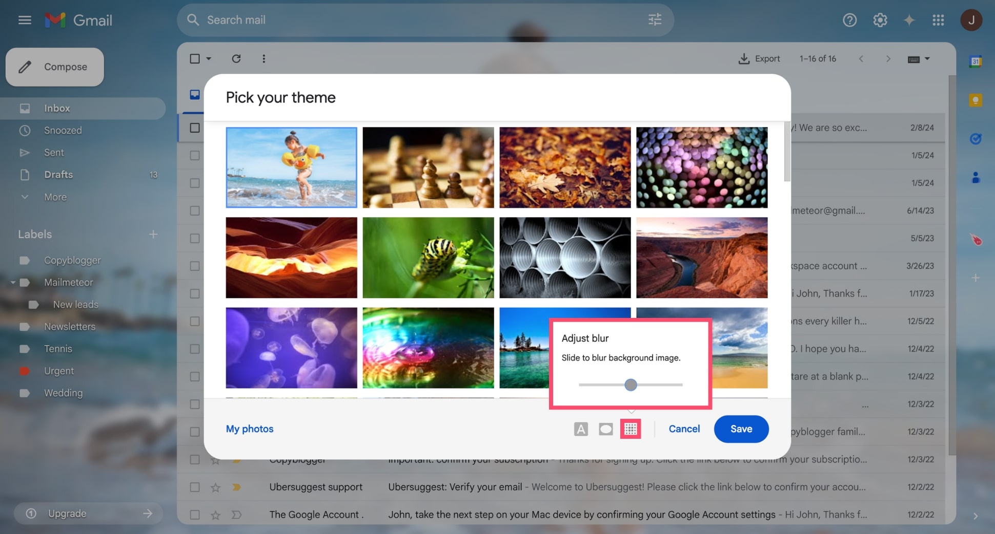 Add a blur effect to your Gmail background theme