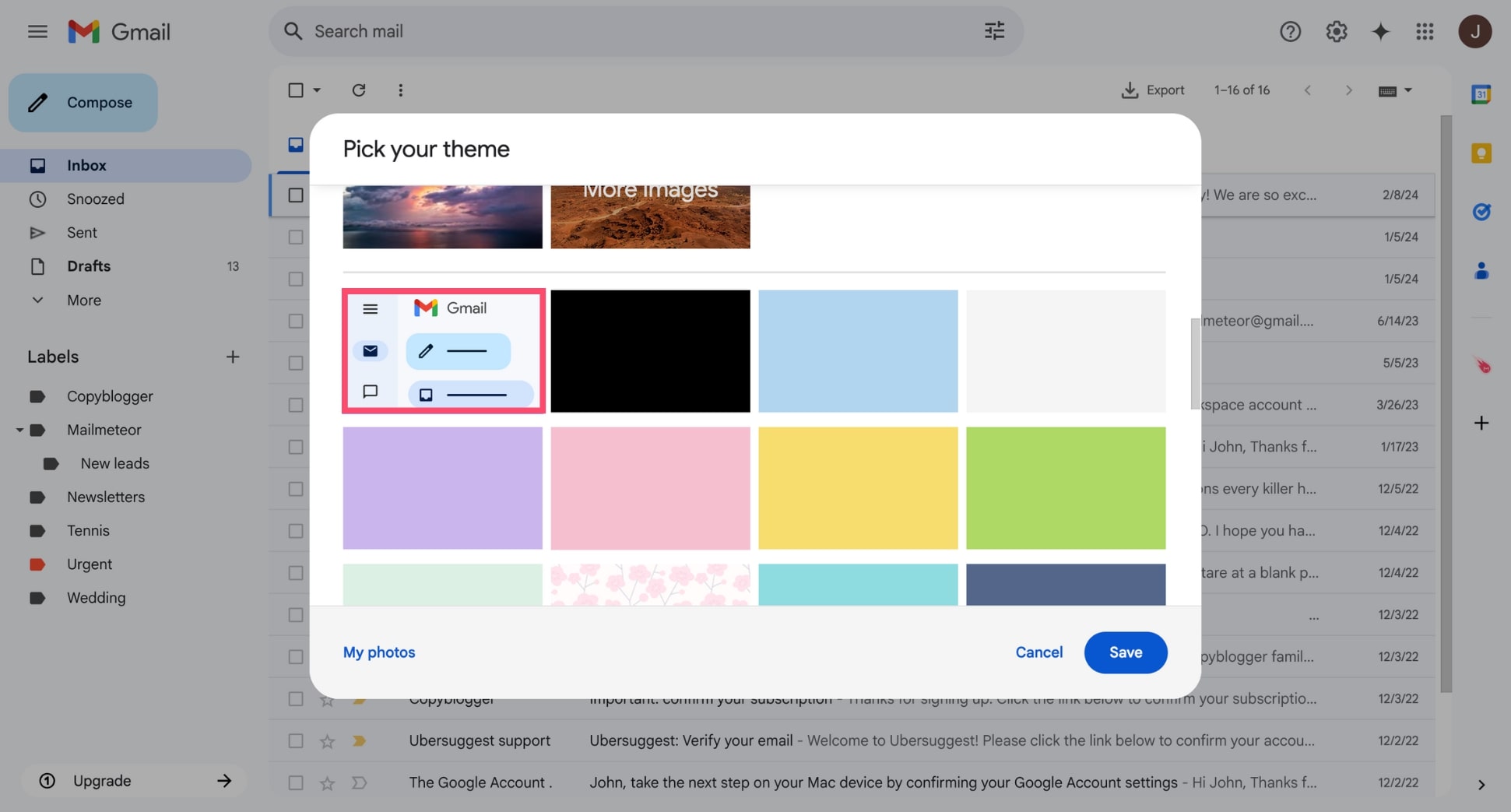 Reset the default theme in Gmail