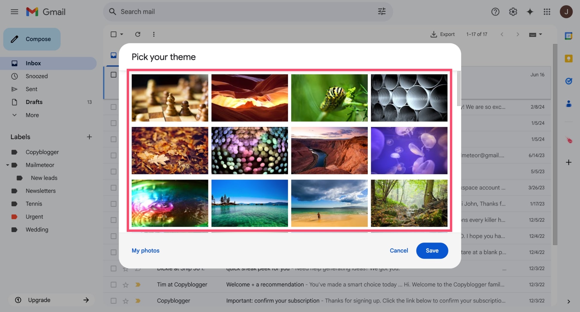 Select a new Gmail background theme