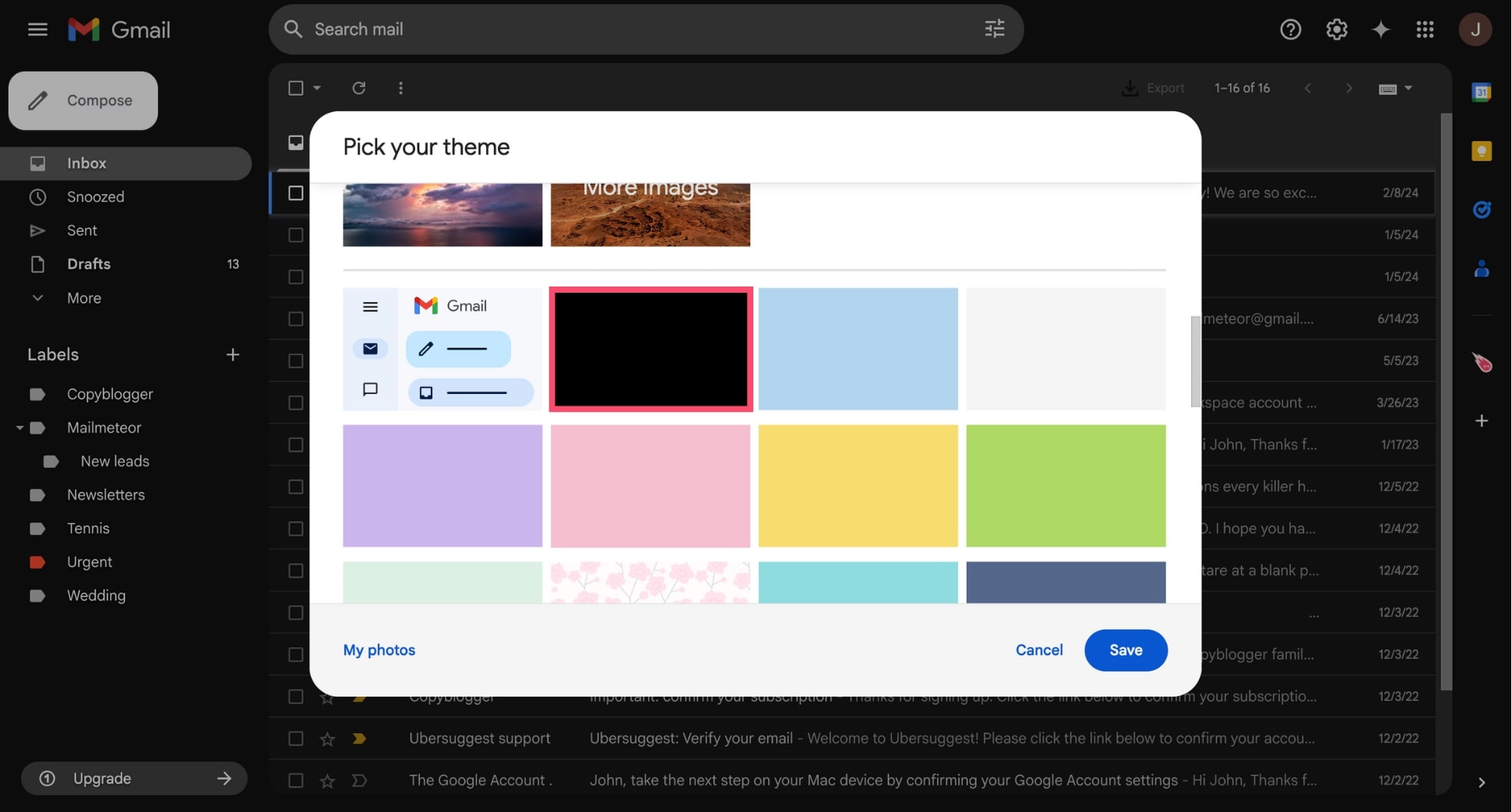 Select Dark mode in Gmail