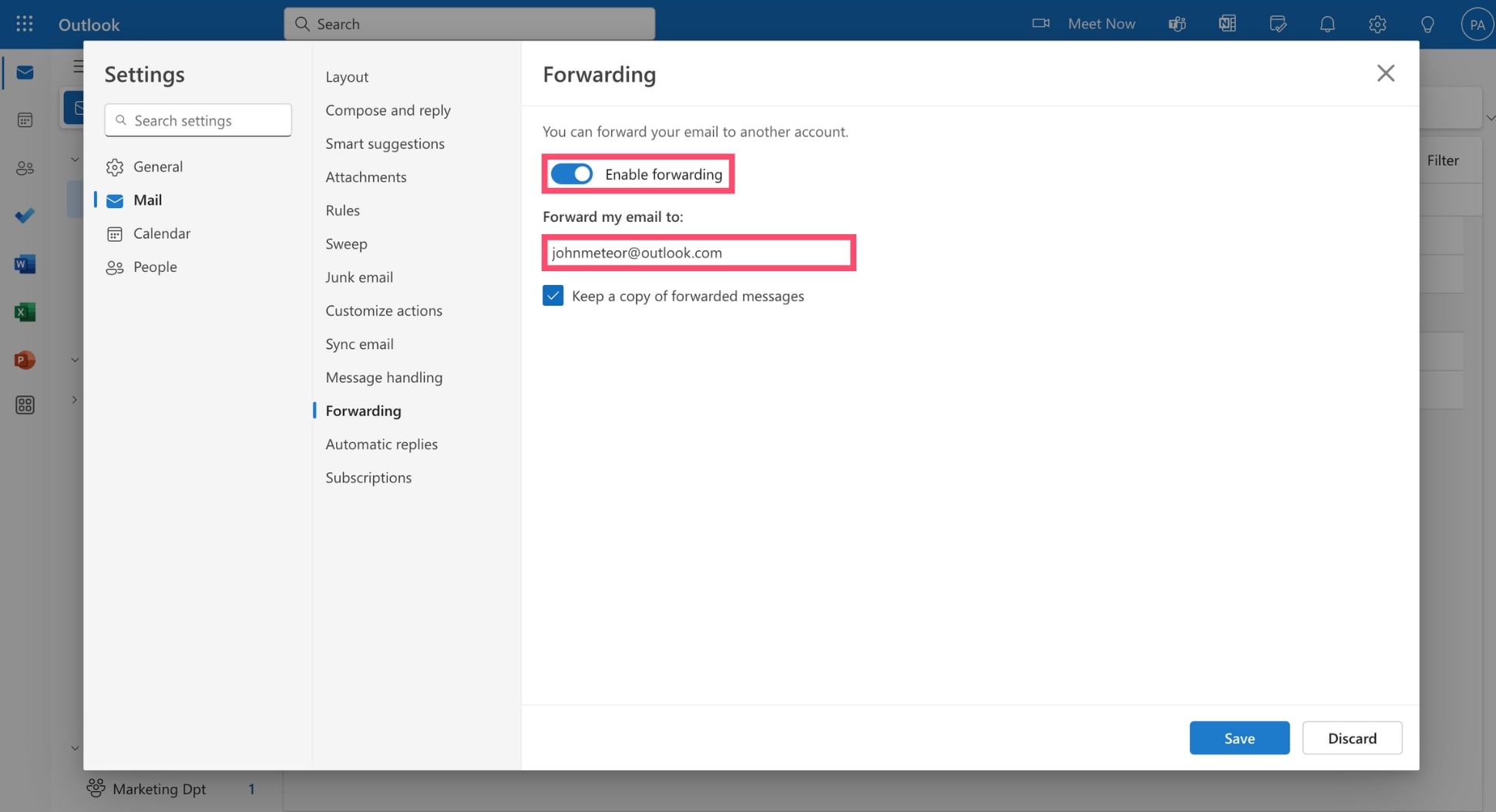 Enable automatic forwarding in Microsoft Outlook