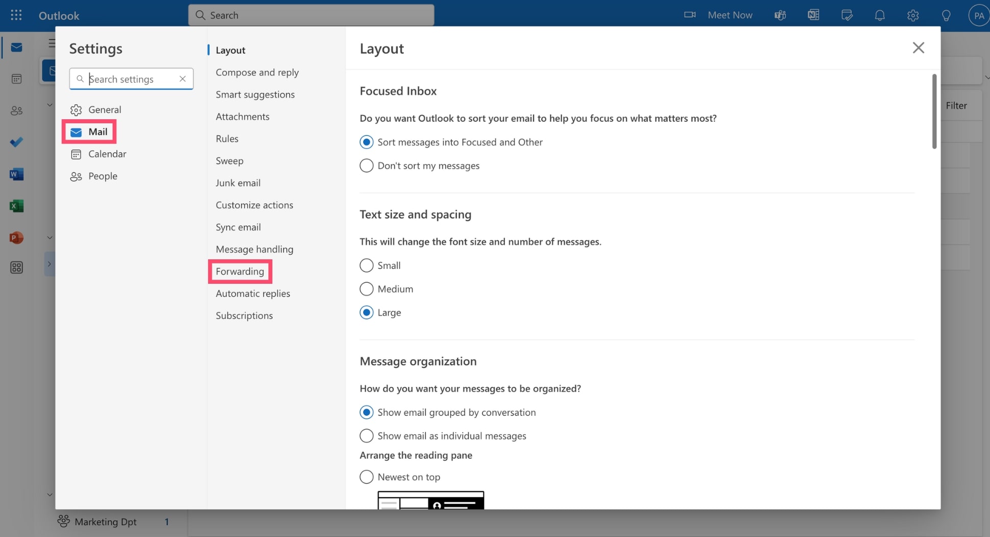 Go to the forwarding menu in Outlook