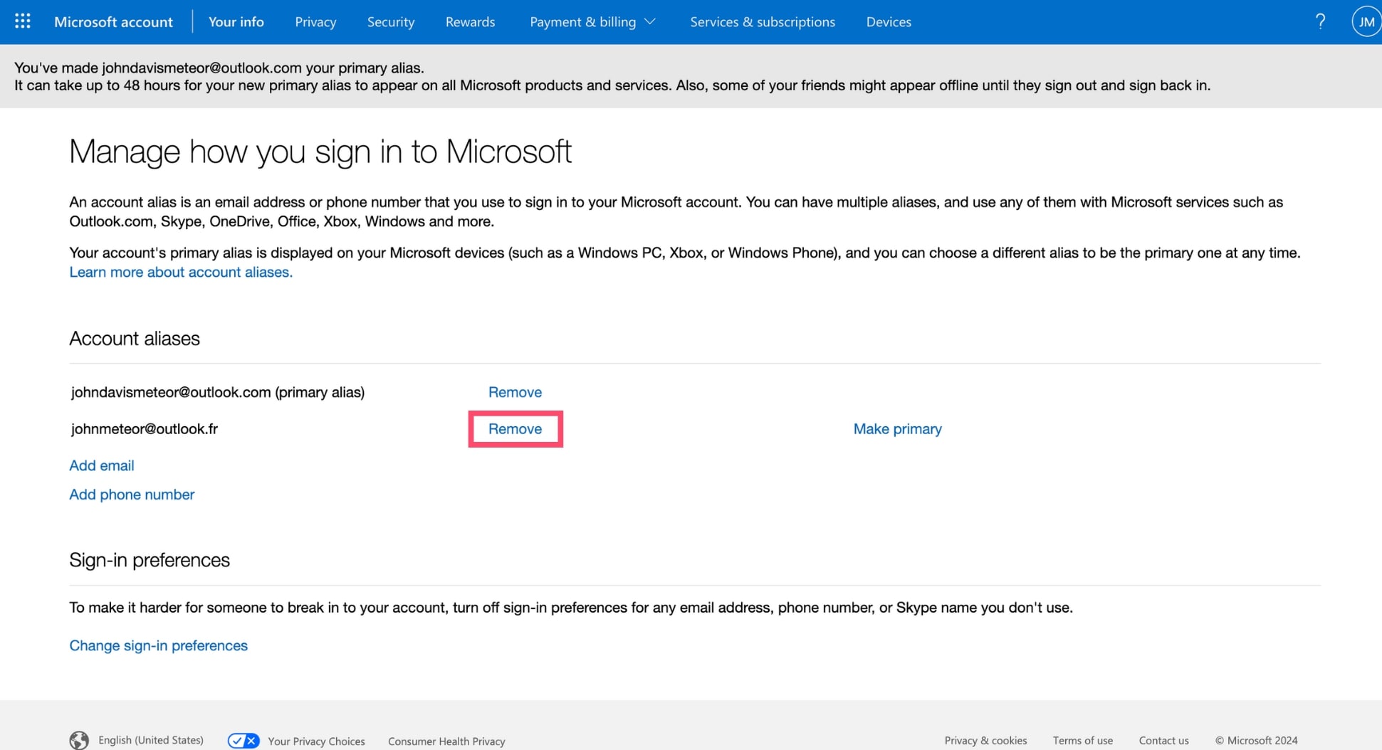 Supprimer un alias dans Outlook