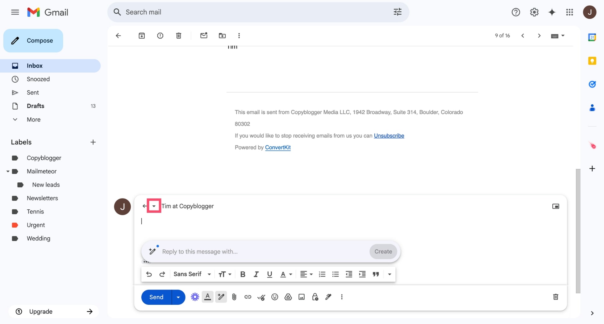 Click the down arrow in the reply window
