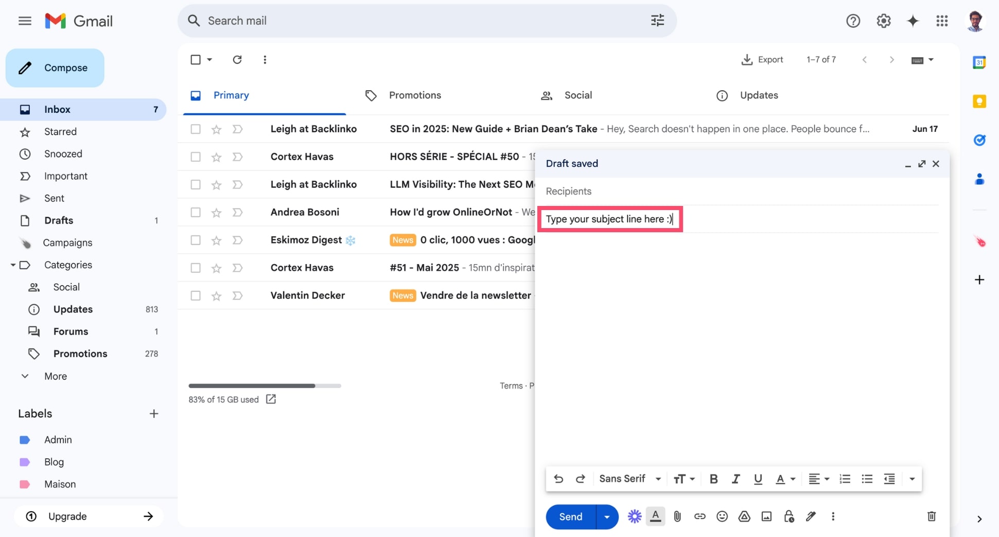 Edit the subject line in a new email