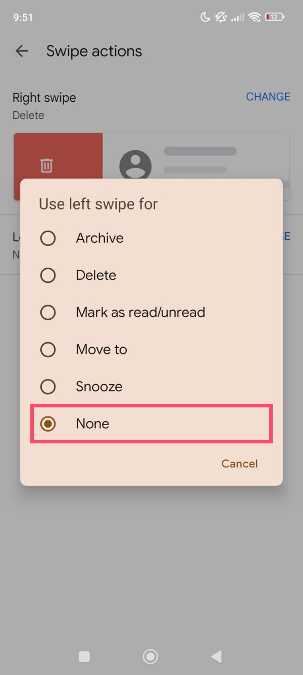 Gmail swipe actions settings showing the option set to None to disable swipe gestures