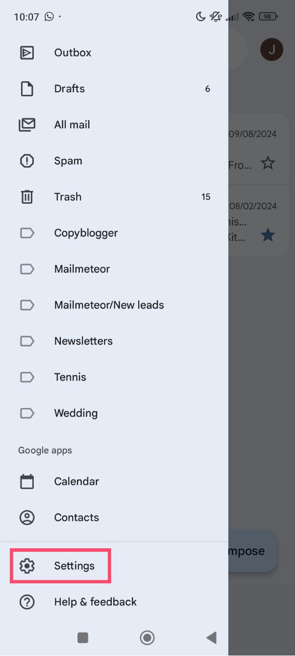 Gmail settings option in the side menu