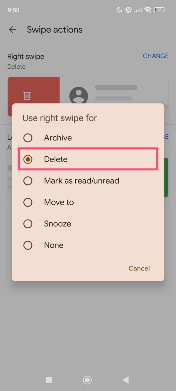 List of swipe actions in Gmail including archive, delete, mark as read, move to label, snooze, and none