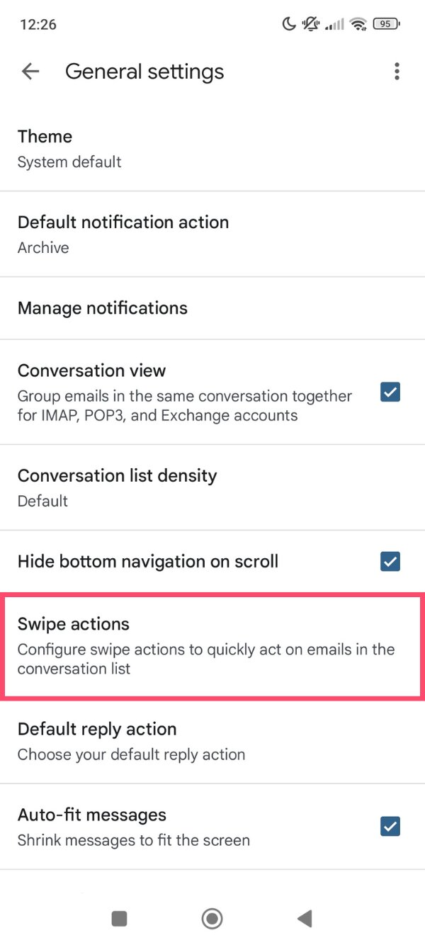 Gmail swipe actions settings page