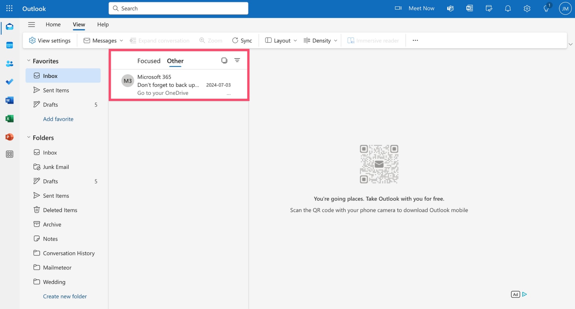 Turn on the Focused Inbox view in Outlook